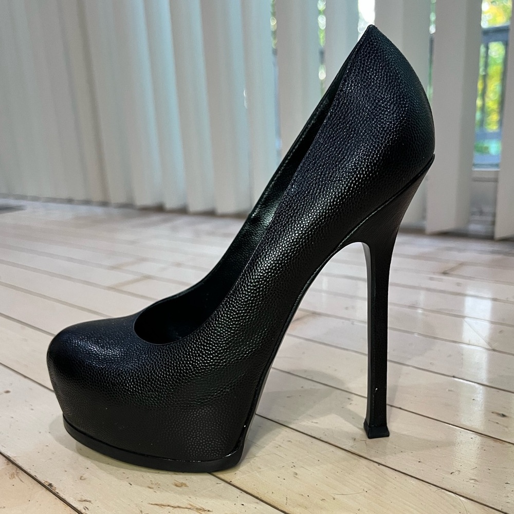 YSL Yves Saint Laurent Vernigolf Tribtoo Leather Platform Pump Heel Black 7.5